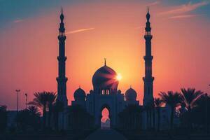 ai généré majestueux le coucher du soleil derrière mosquée minarets dans tranquille soir. photo