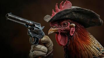 ai généré coq dans une élégant chapeau brandit une arme à feu en toute confiance, ai généré photo