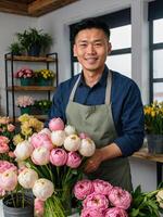 ai généré asiatique homme fleuriste recueille une bouquet de pions- Frais Couper fleurs dans des boites et des vases dans fleur magasin et racks pour vente, livraison pour le vacances. printemps, Mars 8, aux femmes jour, anniversaire photo