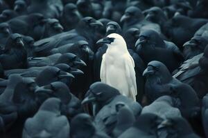 ai généré une blanc corbeau parmi beaucoup noir corbeaux photo