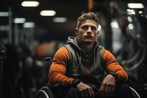 ai généré paralympique, portrait de une fort Jeune Masculin athlète avec une invalidité sur une fauteuil roulant dans Gym photo