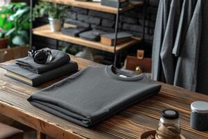 ai généré empilés noir t-shirts sont sur le table dans le magasin. mode de vie concept photo