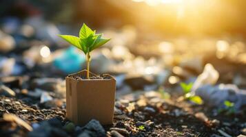 ai généré une Jeune vert plante dans un pot écologique dans une décharge, une germination la graine dans une verre à le coucher du soleil photo