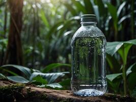 l'eau bouteille sur le Contexte de le jungle, forêt, écologiquement, sur le Contexte de une flux, cascade. écologique l'eau photo