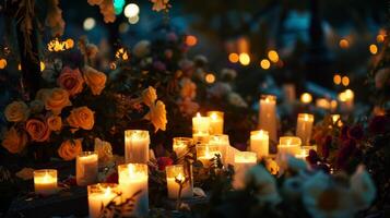 ai généré une Mémorial avec fleurs et bougies pour ceux perdu dans une bombe attaque, le lumière moulage une solennel ambiance sur le recueillies pleureuses. photo