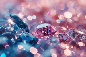 ai généré fermer de rose et bleu diamants sur lumière Contexte. photo