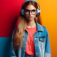 ai généré Jeune femme avec haute technologie des lunettes et écouteurs contre vibrant, solide Contexte photo