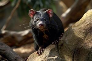 ai généré portrait de tasmanien diable, sarcophilus Harrisii, le le plus grand carnivore marsupial originaire de à Tasmanie île. photo