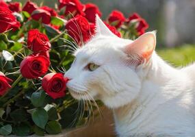 ai généré mignonne duveteux blanc chat reniflement rouge des roses. fermer. clair ensoleillé journée. chaud printemps temps. photo