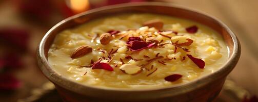 ai généré Safran parfumé kheer riz pudding des noisettes et Rose pétales Garniture photo