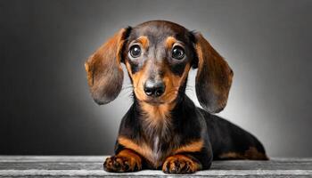 ai généré adorable teckel chien dans une noir et blanc studio Contexte photo