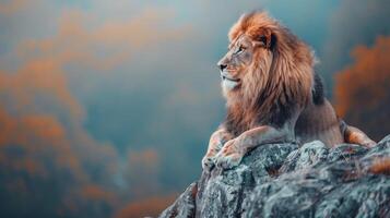 ai généré majestueux scène de une Masculin Lion assise un haut une rocheux perche, exsudant force et la régalité, ai généré. photo