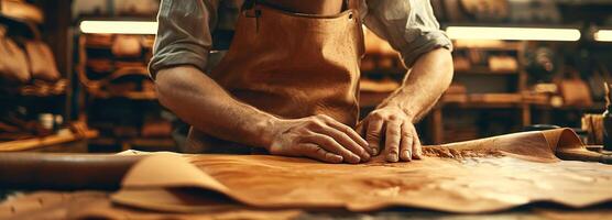 ai généré Travailleur du cuir, artisan dans détaillé travail sur Fait main cuir marchandises, se concentrer sur le art de cuir artisanat avec précision et une riches chaud Ton dans chaque sac. photo