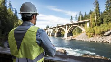 ai généré ingénieur en cours d'analyse de construction intégrité de une pont.. génératif ai photo