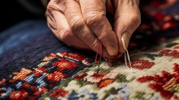 ai généré mains broderie une tapisserie, une méticuleux et artistique artisanat. génératif ai photo