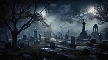 ai généré couvert de brouillard cimetière avec clair de lune moulage sinistre ombres,. génératif ai photo
