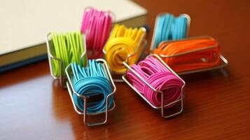 ai généré enveloppé de fil papier clips, apportant une pop de couleur. génératif ai photo