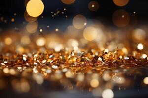 ai généré étincelant pétillant Contexte avec d'or scintille. Noël et Nouveau année bokeh lumières dans le Contexte. photo