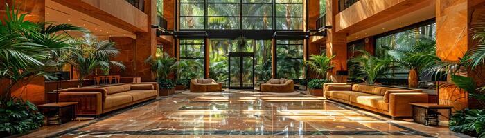 ai généré somptueux Hôtel hall avec marbre planchers luxuriant les plantes photo