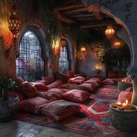 ai généré à la marocaine salon avec riches couleurs lanternes photo