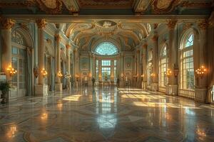 ai généré royal salle de bal avec fleuri détails haute plafonds photo