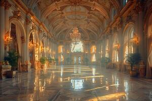 ai généré royal salle de bal avec fleuri détails haute plafonds photo