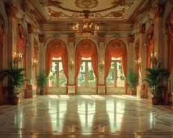 ai généré royal salle de bal avec fleuri détails haute plafonds photo