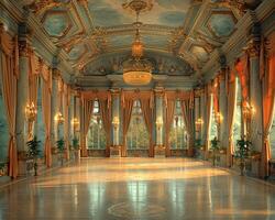 ai généré royal salle de bal avec fleuri détails haute plafonds photo