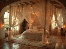 ai généré romantique chambre avec doux éclairage pur rideaux photo