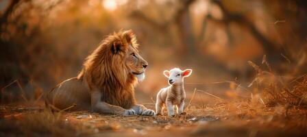 ai généré Lion et agneau pacifiquement coexister, vivant ensemble dans parfait harmonie et tranquillité photo