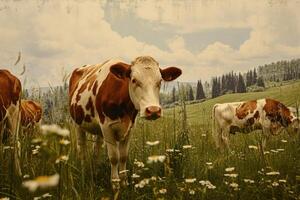 ai généré pâturage vaches sur pâturage terres. photo
