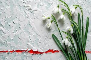 ai généré perce-neige fleurs sur déchiré papier pour 8 Mars vacances. photo