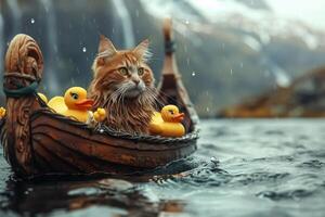 ai généré viking chat voile dans une baignoire drakkar photo