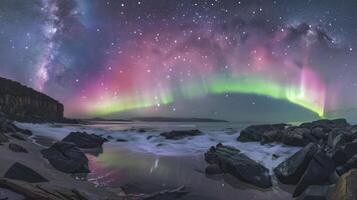 ai généré aurore australe. spectaculaire afficher de vibrant vert et rose lumières La peinture le nuit ciel au dessus un australien plage. étoiles scintillement comme vagues doucement caresse le rocheux littoral. photo