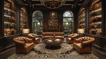 ai généré sophistiqué cigare salon avec riches cuir chaises et bois accents3d rendre photo