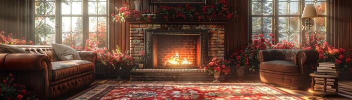 ai généré traditionnel Anglais chalet vivant pièce avec floral motifs et confortable cheminée3d rendre photo