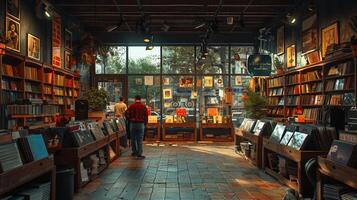 ai généré ancien record boutique avec écoute stations et mur contre mur vinyle3d rendre photo