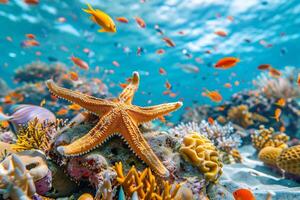 ai généré coloré tropical étoile de mer et poisson dans une corail récif.génératif ai photo