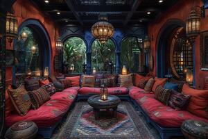 ai généré à la marocaine salon avec riches couleurs lanternes photo