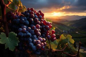 ai généré violet grain de raisin grappes pendaison sur vignes avec vert feuilles sur une Montagne surplombant une vallée avec vignobles. le coucher du soleil avec Orange des nuages. photo