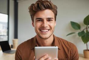 ai généré une content entrepreneur dans une marron chemise détient une tablette dans une moderne bureau. le sien brillant sourire et décontractée encore à la mode Regardez suggérer une réussi, convivial pour la technologie approche à entreprise. photo