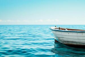 ai généré une Célibataire blanc bateau flotteurs sur le calme bleu mer en dessous de une clair ciel, convoyer paisible solitude.copie espace photo