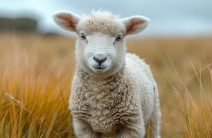 ai généré agneau des stands dans champ de grand herbe photo