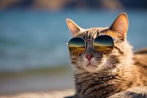 ai généré lunettes de soleil plage minou avec texte espace, parfait pour sur le thème des vacances bannières photo