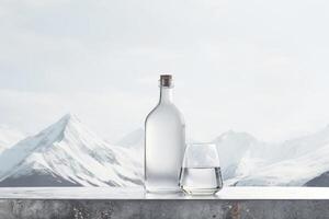 ai généré présentation Vide de clair Vodka boisson dans floconné verre et bouteille sur gris marbre table et montagnes sur flou Contexte. copie espace. photo