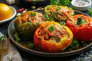 ai généré farci poivrons, savoureux poivrons délicieux cuit repas avec Viande légumes verts photo