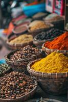 ai généré boules avec coloré pimenter dans marché dans Inde.a homme vend épices dans un Indien marché. asiatique ou mexicain nourriture bannières, publicité. copie espace photo