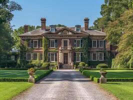 ai généré une à la géorgienne manoir maison niché au milieu de roulant collines et verdoyant prés photo