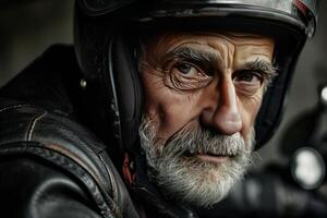 ai généré expérimenté vieilli homme sport automobile coureur avec casque. produire ai photo