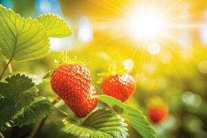 ai généré frais, biologique des fraises croissance sur une état de l'art, moderne agricole plantation photo